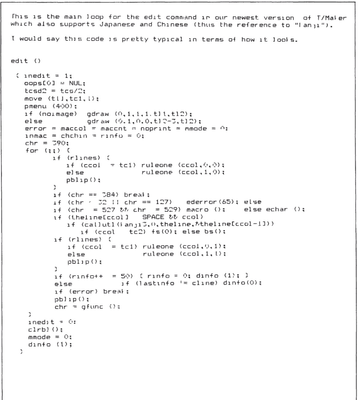 Peter Roizen T/Maker C source code printout from Programmers at Work showing the main edit loop with early Japanese and Chinese character localization support.