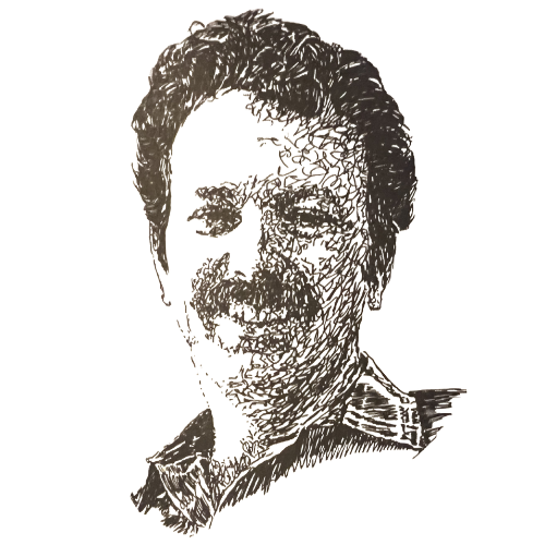 Sketched portrait of database pioneer C. Wayne Ratliff, the creator of dBASE II for early microcomputers.