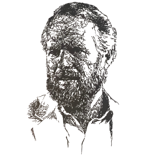 Sketched portrait of John Warnock, co-founder of Adobe Systems and inventor of the PostScript page description language.