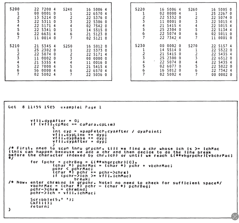 Charles Simonyi Ural II 1965 code and Microsoft Word source from Programmers at Work showing goto patches and his Hungarian notation variable naming convention.