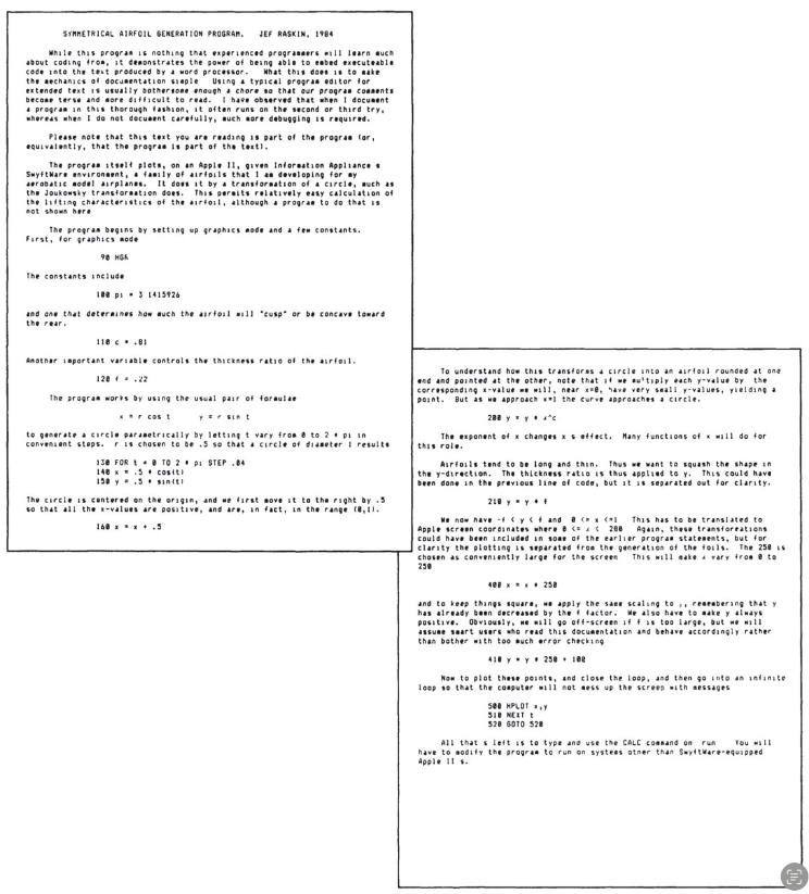 Jef Raskin Apple Macintosh founder source code from Programmers at Work demonstrating executable code embedded into word processor text.