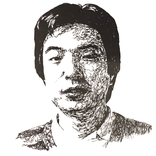 Sketched portrait of video game designer Toru Iwatani, the legendary creator of Pac-Man for Namco.