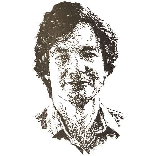 Sketched portrait of programmer Peter Roizen, developer of the innovative T/Maker spreadsheet and word processing software.