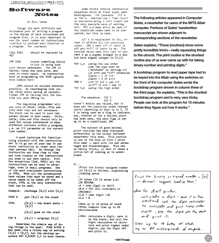 Bill Gates 1975 Computer Notes newsletter on Altair BASIC programming from Programmers at Work, with handwritten manuscript notes alongside printed text.