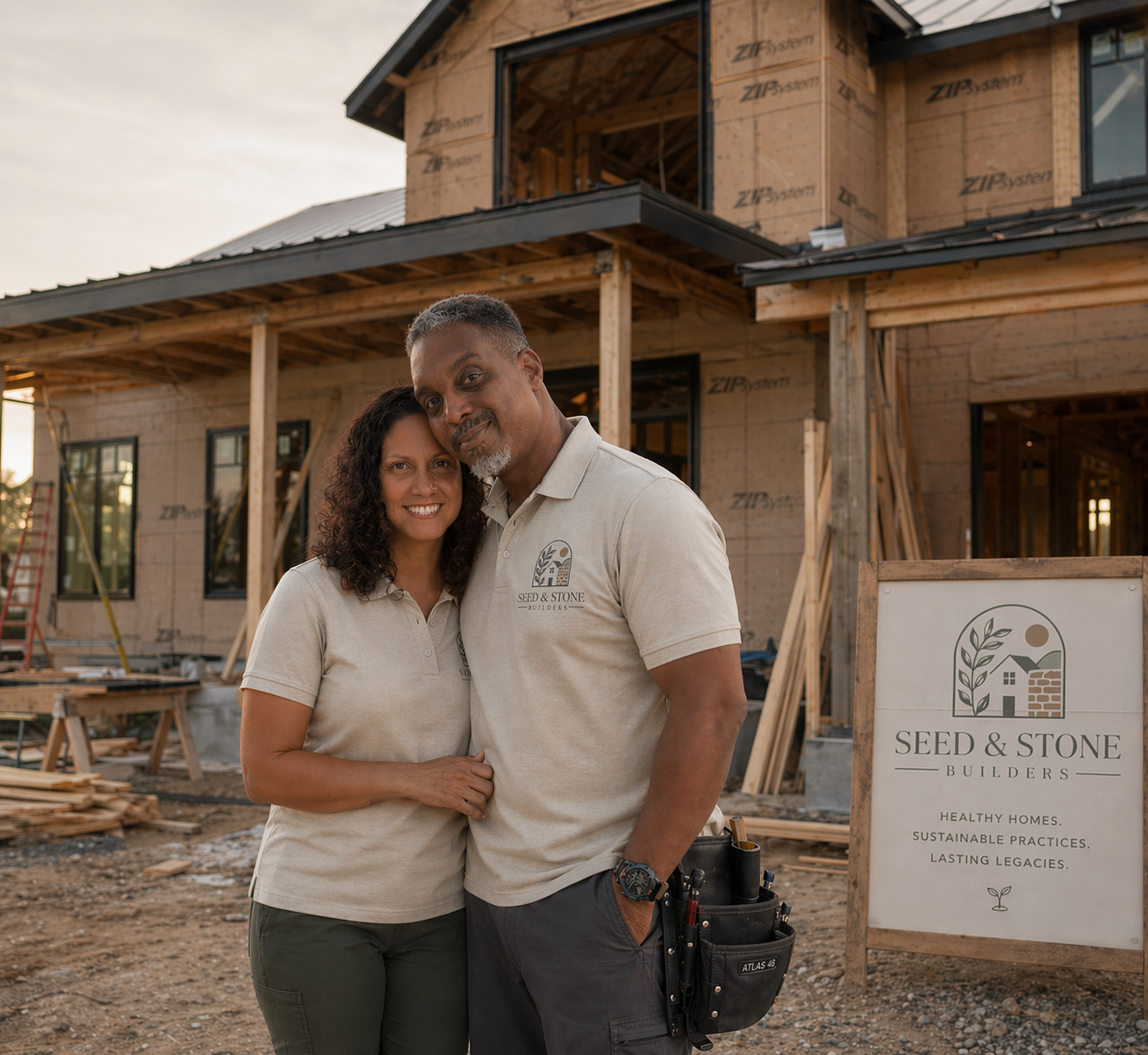 A smiling couple stands in front of a house under construction, wearing matching beige shirts with 'Seed & Stone Builders' logo, at sunset.