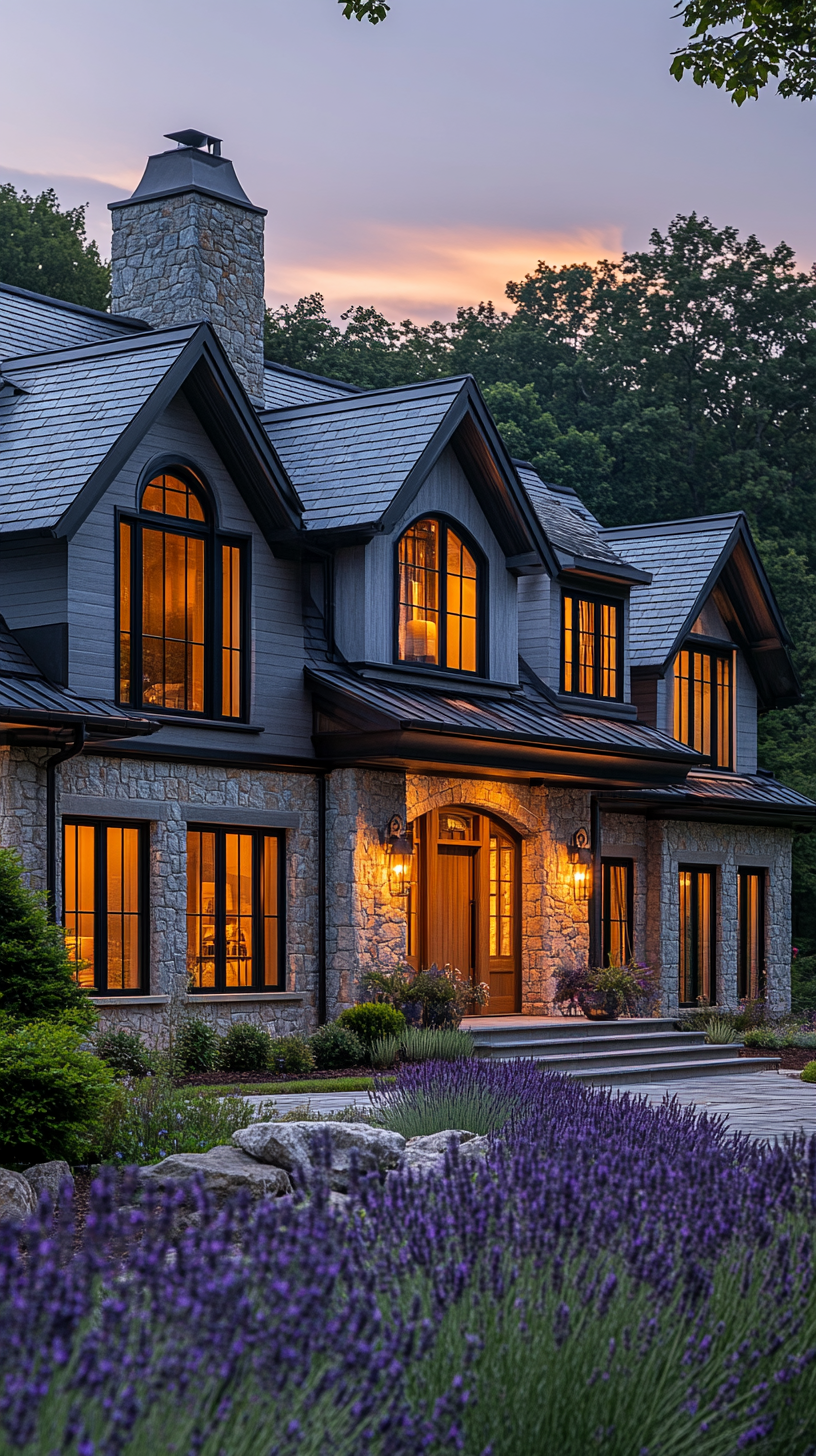A two-story house made of stone and wood with lit windows and a wooden front door, surrounded by a well-maintained garden with purple flowers and rocks, during dusk with a sunset sky in the background.