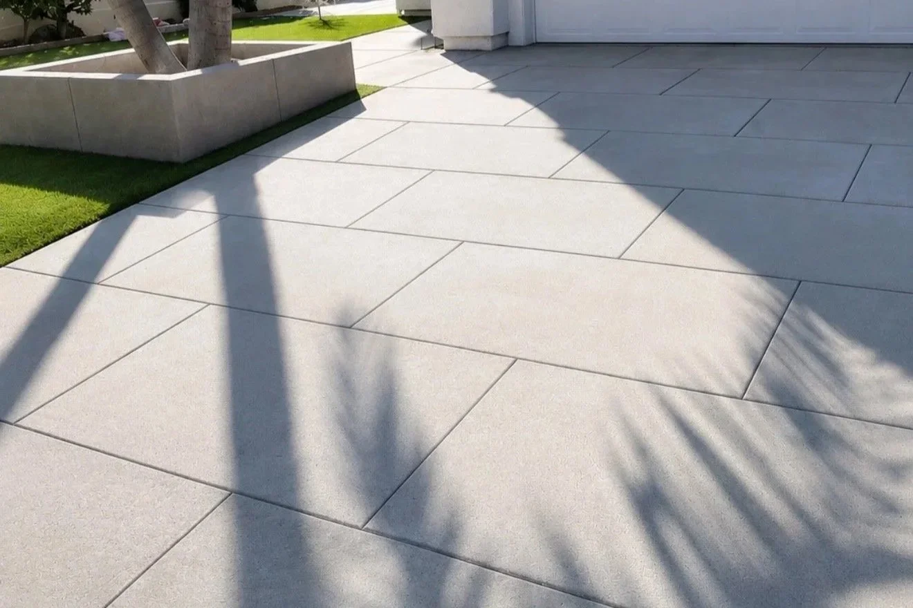 Close-up view of a stamped concrete sidewalk with a textured, earth-toned surface, surrounding a small palm tree and decorative rocks at the base.