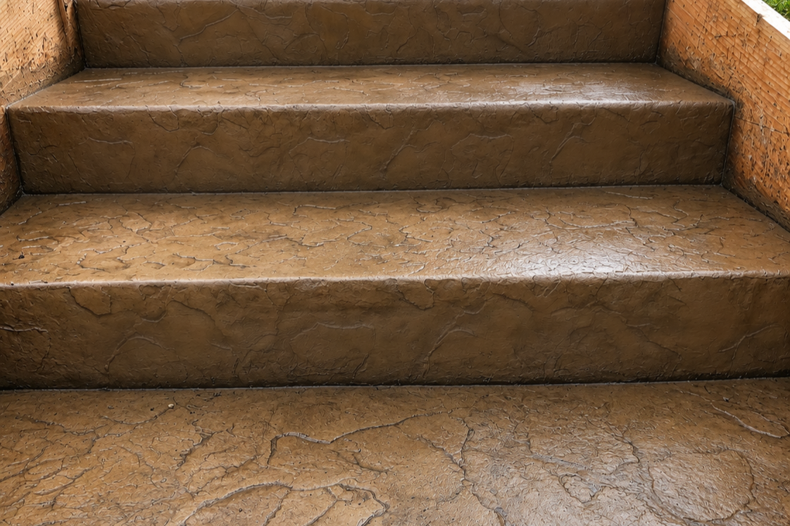 Textured concrete steps outside a building