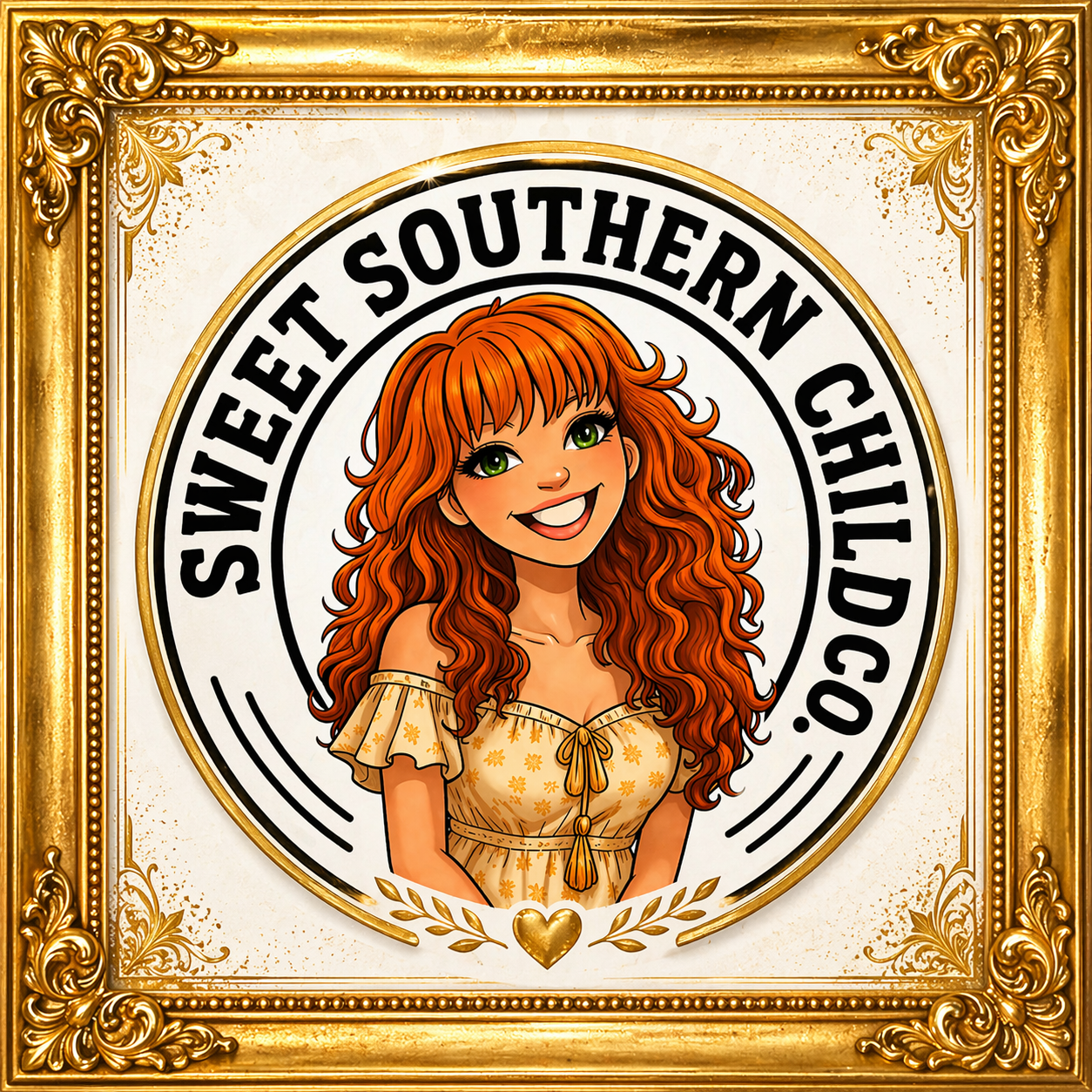 A framed illustration of a smiling red-haired woman with green eyes, wearing a yellow floral dress, in front of a circular sign that reads "SWEET SOUTHERN CHILD.CO".