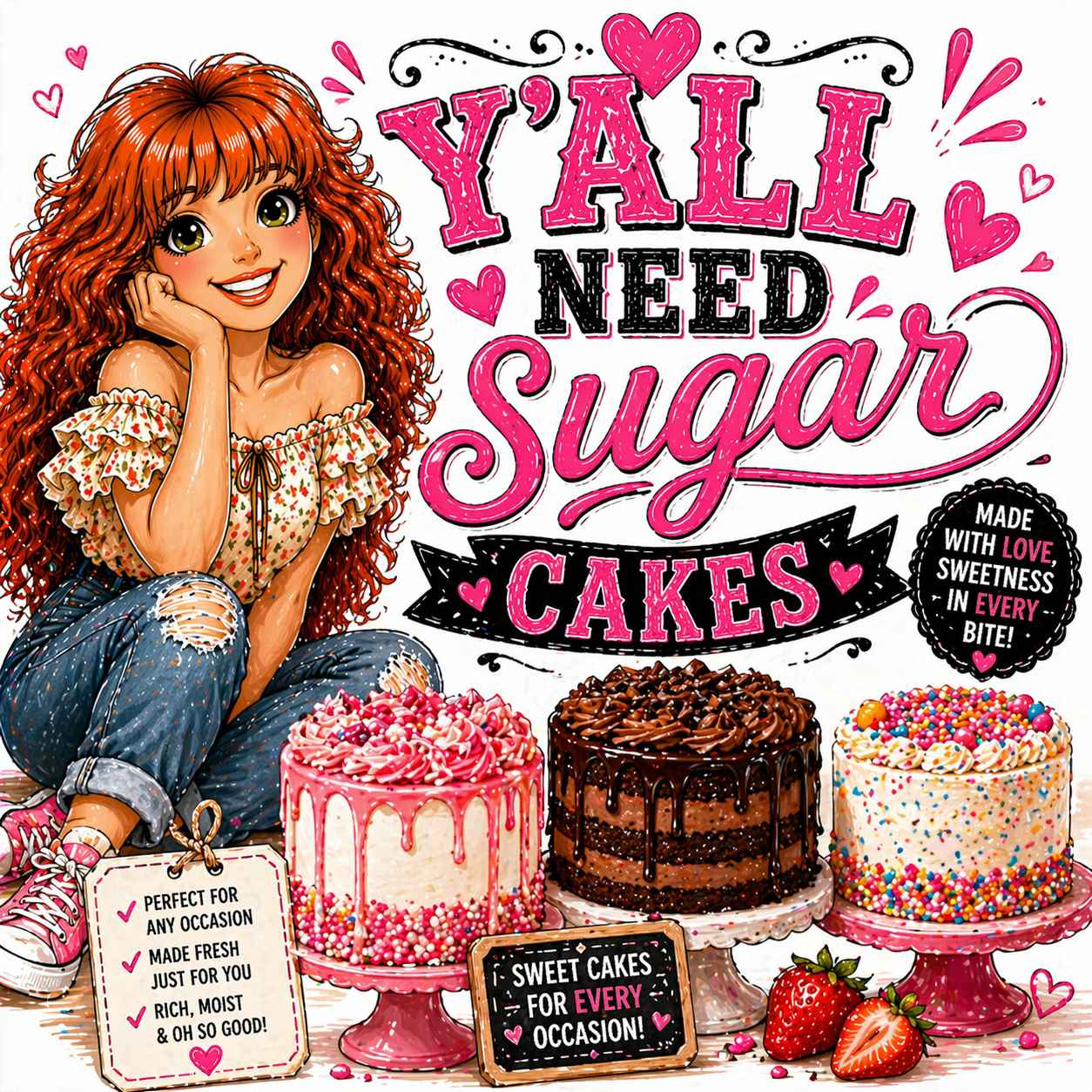 Colorful illustration with a cheerful girl with curly red hair sitting beside three decorated cakes topped with icing and sprinkles, surrounded by strawberries and pink hearts. The text reads, 'Y'all need sugar cakes' and additional promotional phrases about cakes and sweets.