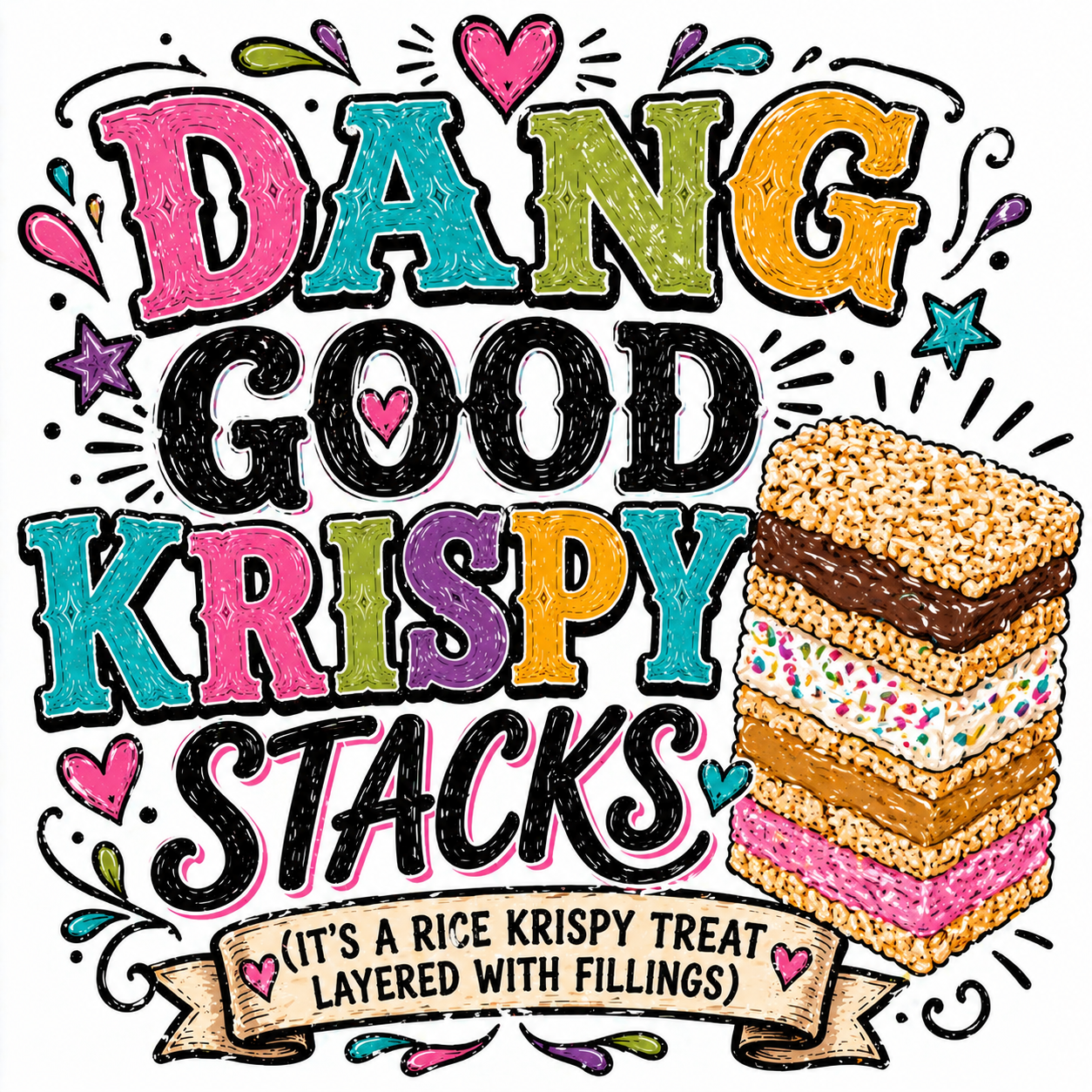 Colorful illustrated sign with text 'DANG GOOD KRISPY STACKS' and a stack of rice crispy treats layered with fillings, including chocolate, sprinkles, caramel, marshmallow, and pink frosting.