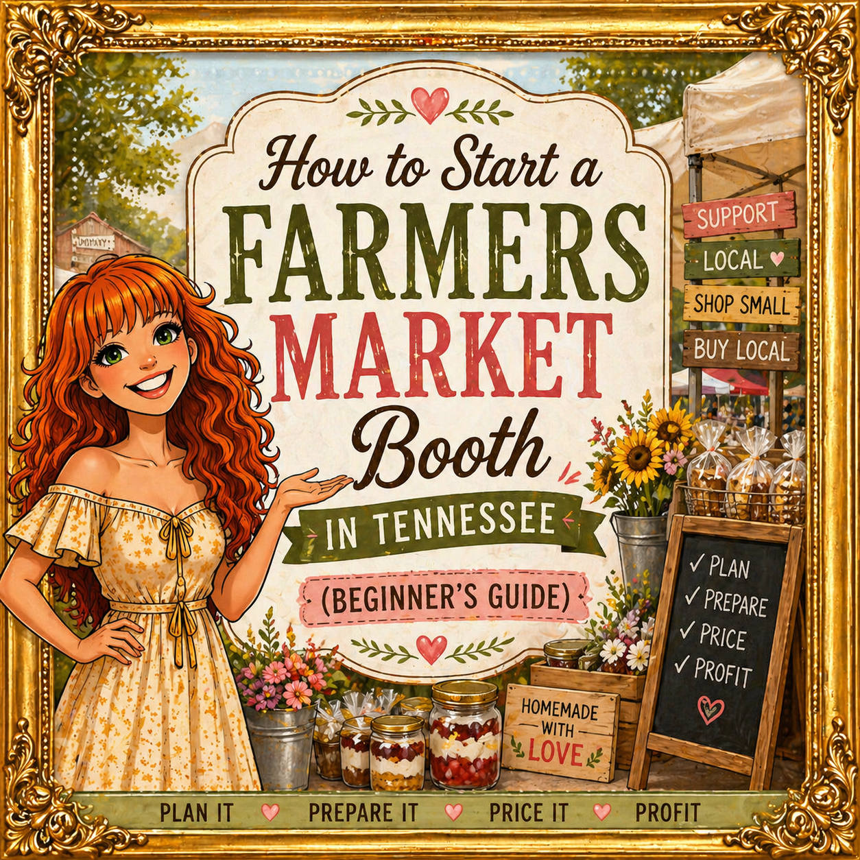 Illustration of a sign at a farmers market booth in Tennessee, with a smiling red-haired woman in a yellow dress, flowers, jars of homemade preserves, and signs with encouragements to support local small shops, plan, prepare, price, and profit.