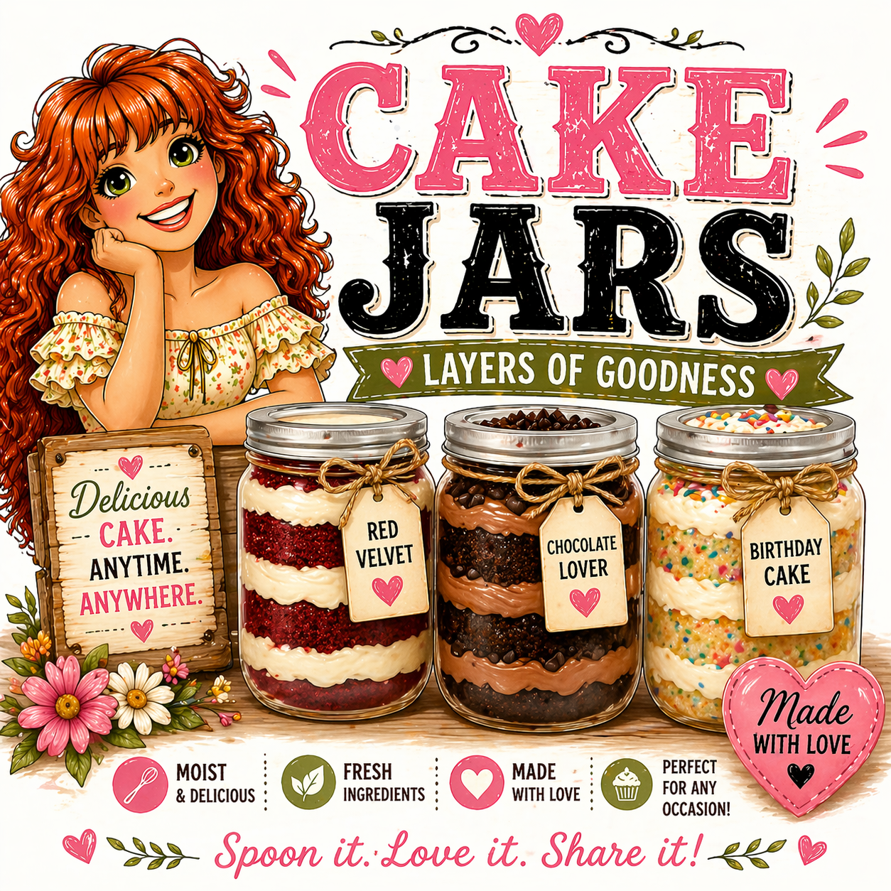 An illustration of a girl with curly red hair and green eyes, smiling with her hand on her cheek, surrounded by jars of layered cake jars labeled 'Red Velvet,' 'Chocolate Lover,' and 'Birthday Cake.' The background features the bold text 'Cake Jars' with a heart and decorative elements, along with a sign that says 'Delicious cake anytime anywhere' and a pink heart with 'Made with love.'