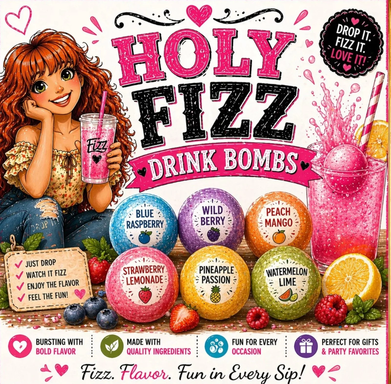Colorful display of various fruit-flavored drink bombs with vibrant packaging labeled with flavors like blueberry raspberry, wild berry, peach mango, strawberry lemonade, pineapple passion, and watermelon lime. A cheerful red-haired girl is holding a pink drink with a straw, surrounded by fresh berries and citrus slices, emphasizing fun and flavor.