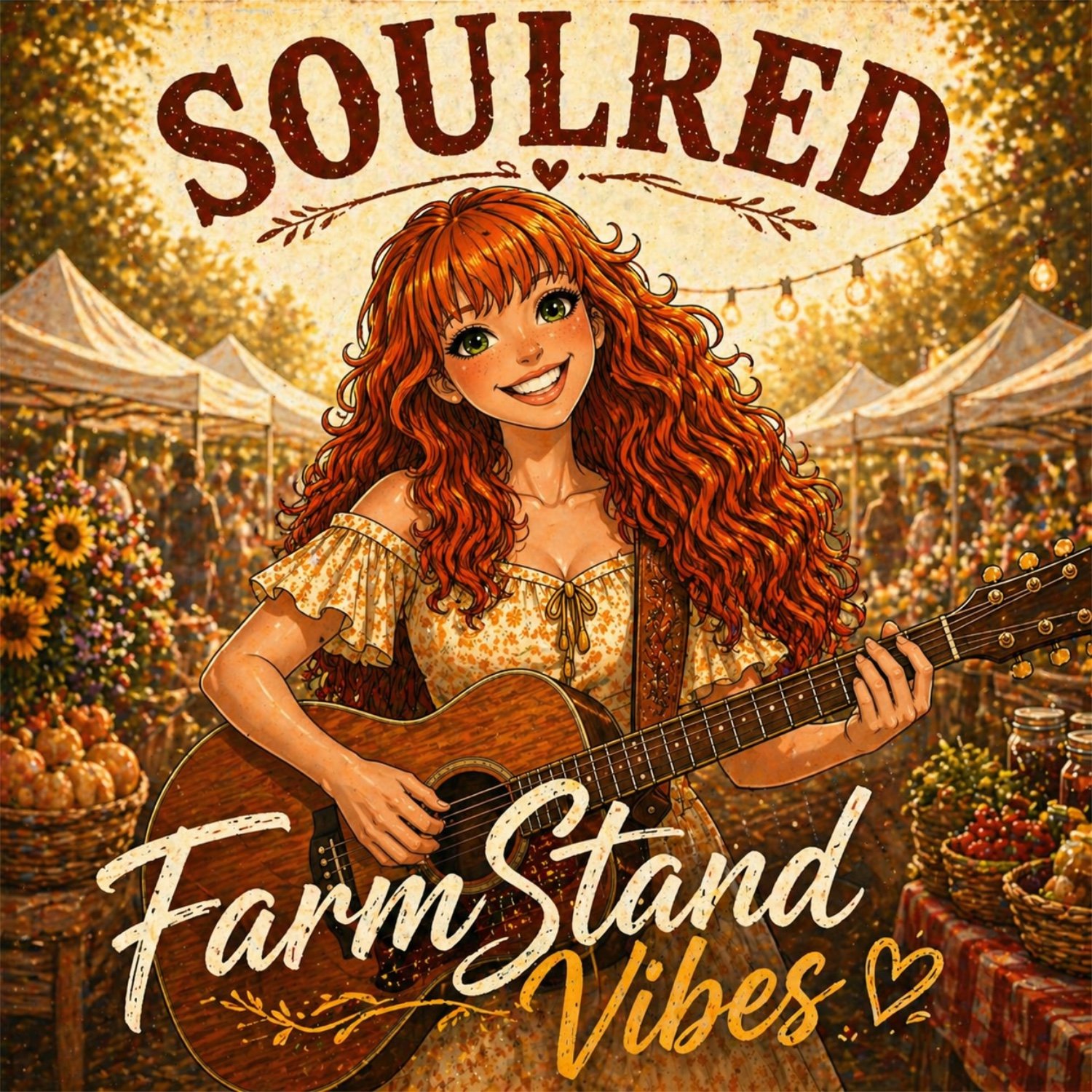 A woman with red curly hair holding a guitar at a farm stand filled with pumpkins, berries, and sunflowers, with string lights overhead, and the text 'Farm Stand Vibes' at the bottom.