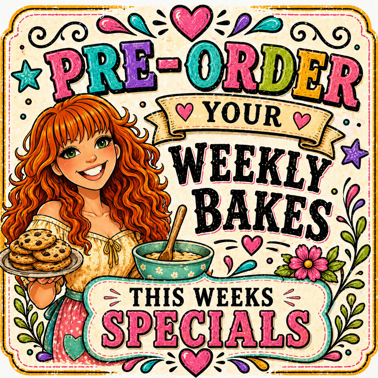 Colorful illustrated poster promoting pre-order of weekly baked goods, featuring a smiling red-haired woman holding a plate of chocolate chip cookies and a bowl of batter, with floral and decorative accents.