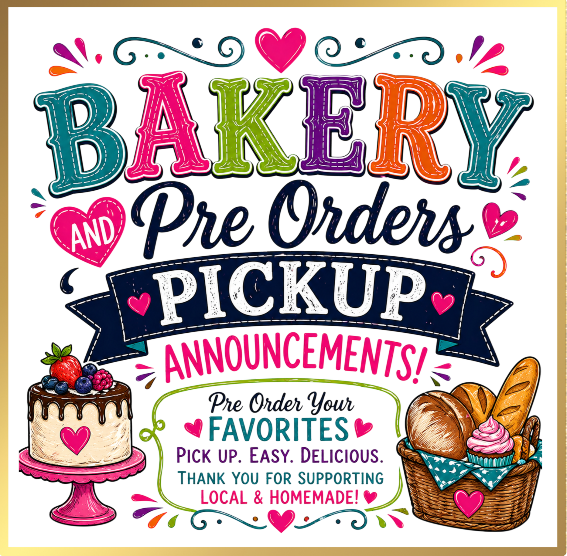 Colorful text and images announcing a pre-order for baked goods, including a cake and bread, with decorative hearts and sprinkles, and a message of thanks for supporting a local, homemade business.