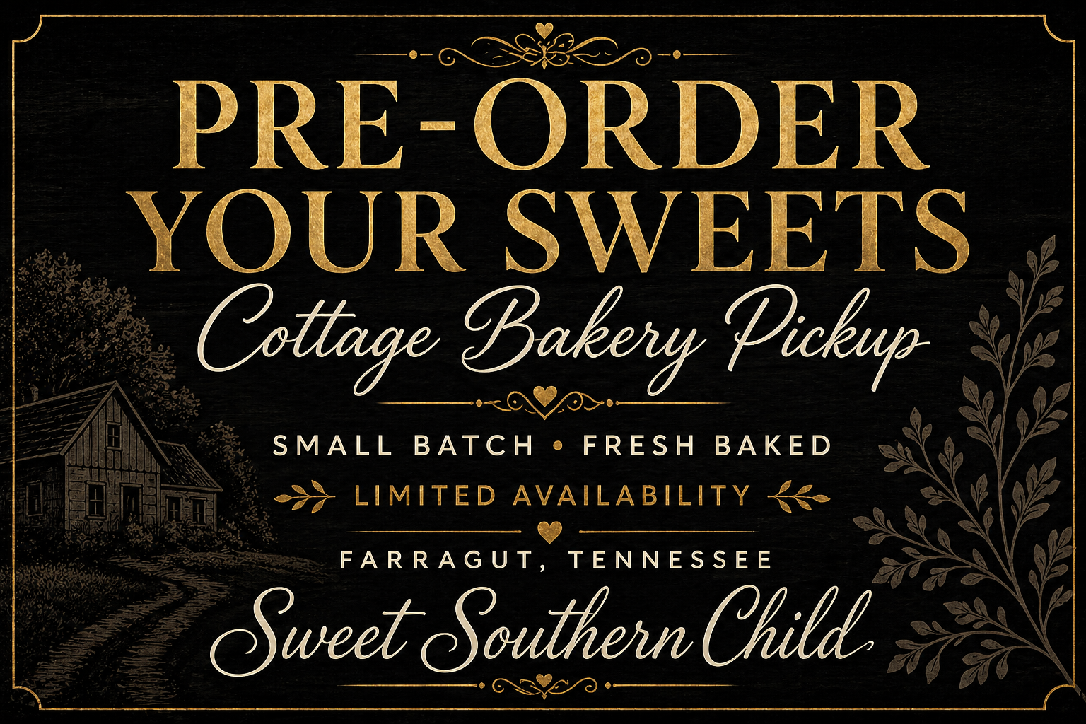 A black chalkboard-style sign with gold and white text advertising pre-ordering sweets from Cottage Bakery Pickup in Farragut, Tennessee. The sign mentions small batch, fresh baked treats with limited availability and features decorative elements like leaves, a small barn image, and hearts.