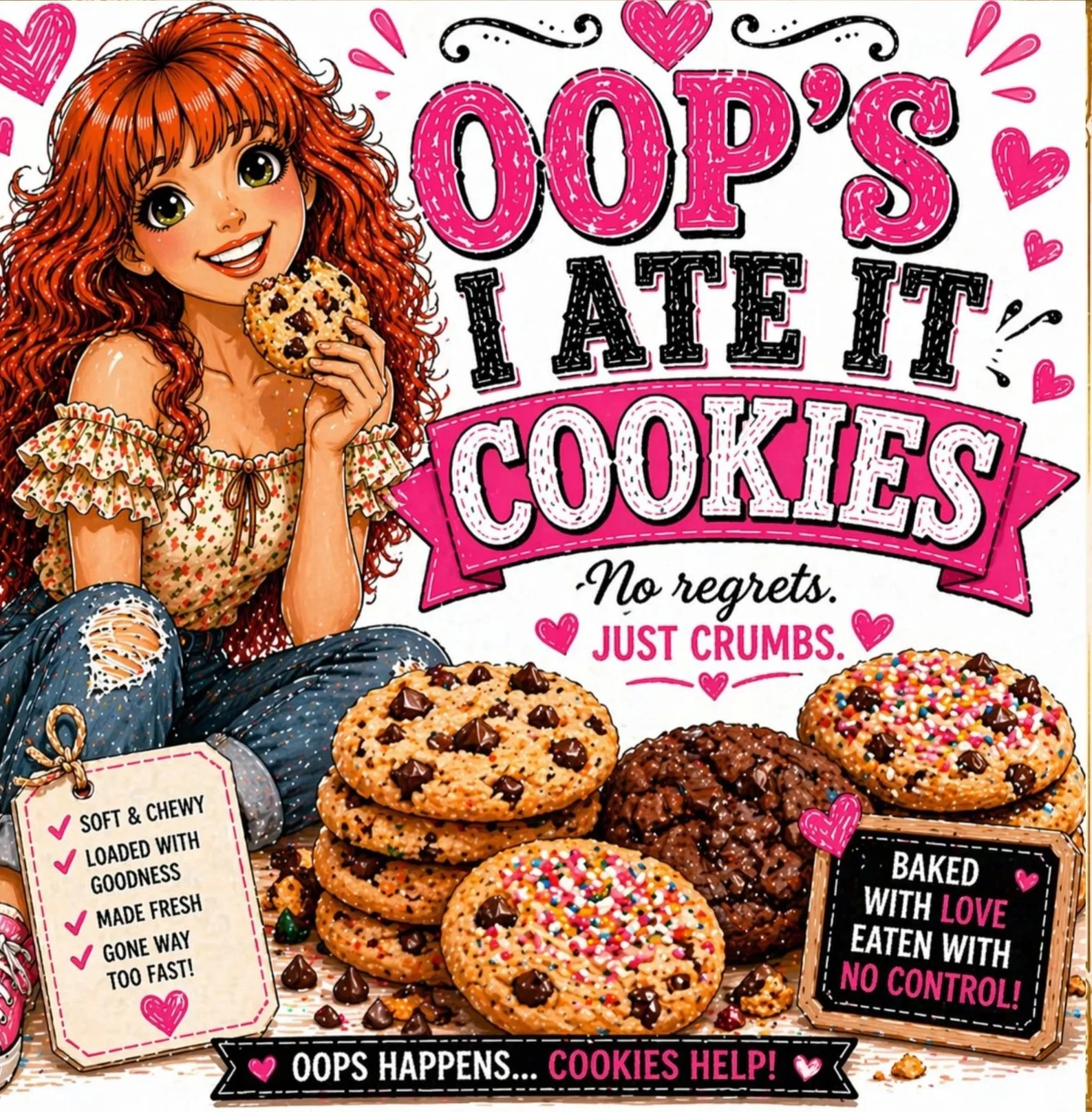 Colorful illustration of a red-haired girl holding a cookie, surrounded by various cookies decorated with chocolate and sprinkles, with playful text and hearts.