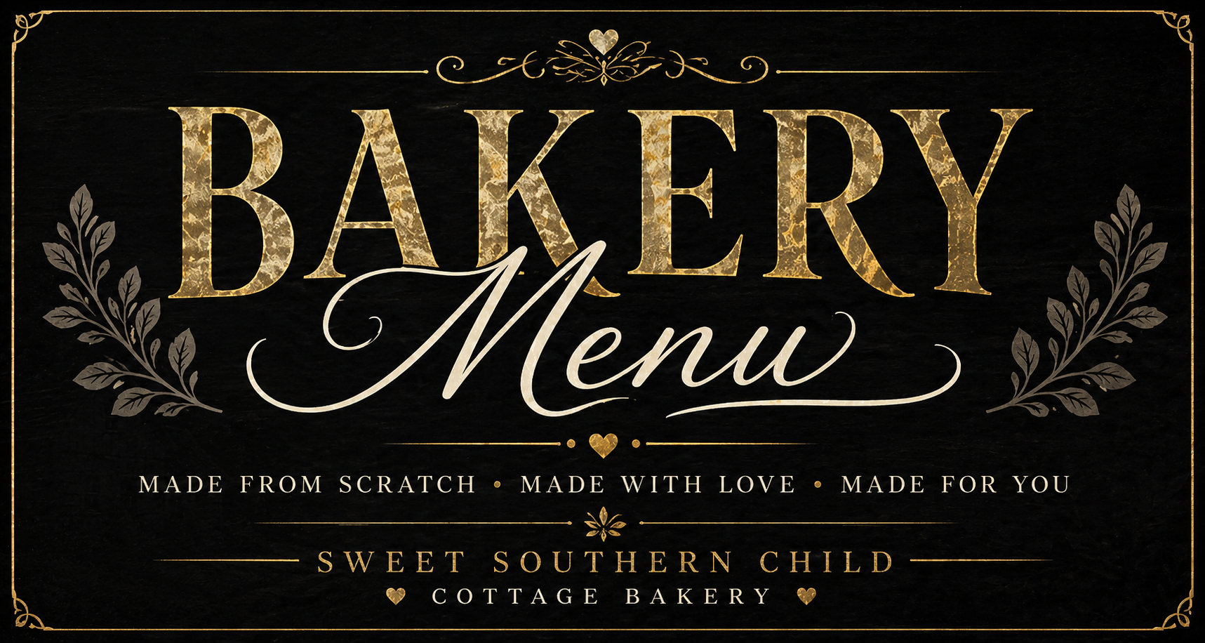 A bakery menu sign with a black background, gold and white decorative text, and floral embellishments, displaying the bakery's name, slogan, and offerings.