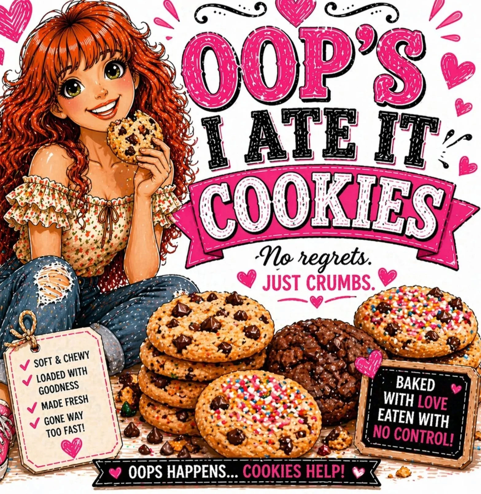 Colorful illustration of a girl with long red curly hair holding a cookie, surrounded by various cookies and decorative hearts. The image features playful, pink and black text saying 'Oop's, I ate it, cookies, no regrets, just crumbs,' along with other cookie-related slogans and checklists.