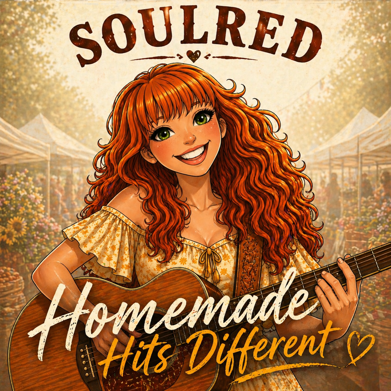 A cartoon girl with long, curly red hair and green eyes, smiling and playing a guitar in a flower market. The background features tents and flowers, with the text 'Soulred Homemade Hits Different' above and below her, with a small heart symbol.