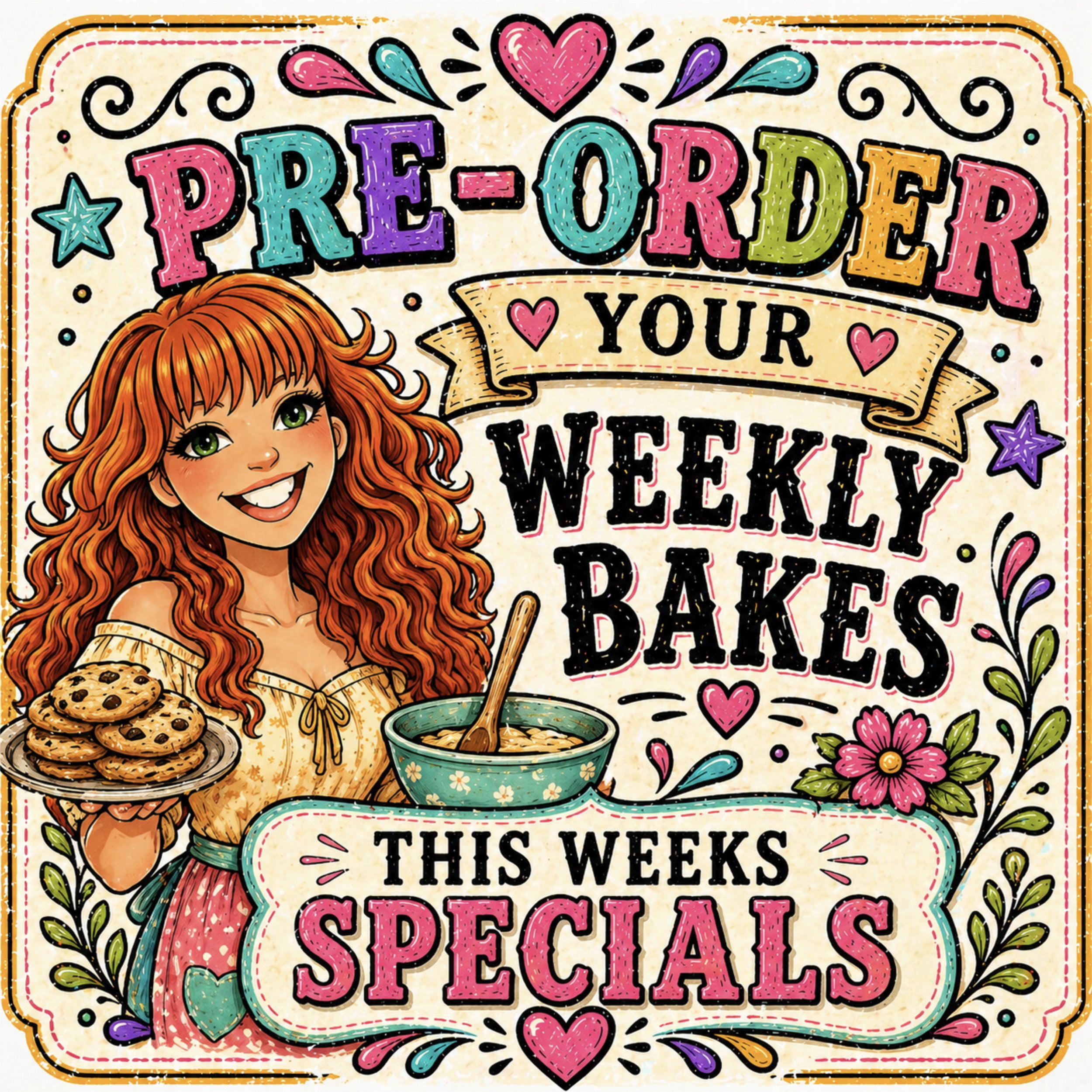 A colorful illustration with the phrase "Pre-Ordered Your Weekly Specials" in bold, vibrant letters with decorative hearts, stars, flowers, and a cartoon girl with red hair and green eyes holding cookies and a bowl of cereal.