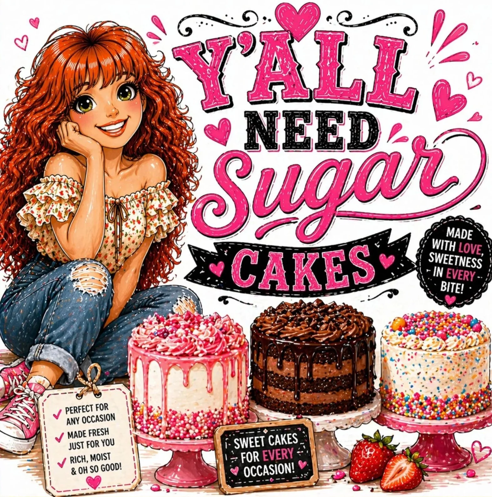 Colorful illustration of a girl with long red hair, smiling with her head resting on her hand, surrounded by decorated cakes and strawberries. The image features pink, black, and white text with phrases like "Y'all Need Sugar," "Cakes," and "Made with Love" for celebration or dessert promotion.