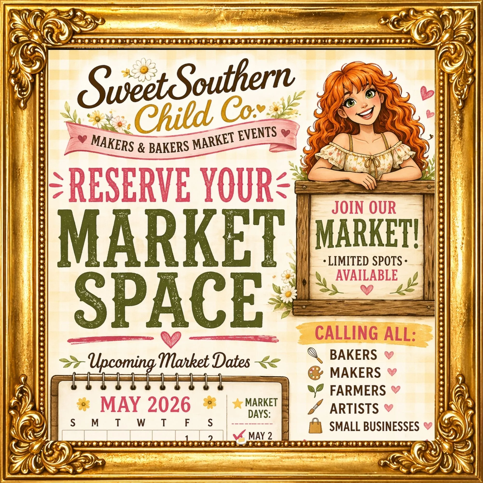 Decorative poster for Sweet Southern Child Co. promoting upcoming market dates in May 2026. Features a smiling red-haired girl and ornate gold frame, listing makers and bakers market events with icons for farmer, artist, small business, and other vendor types.