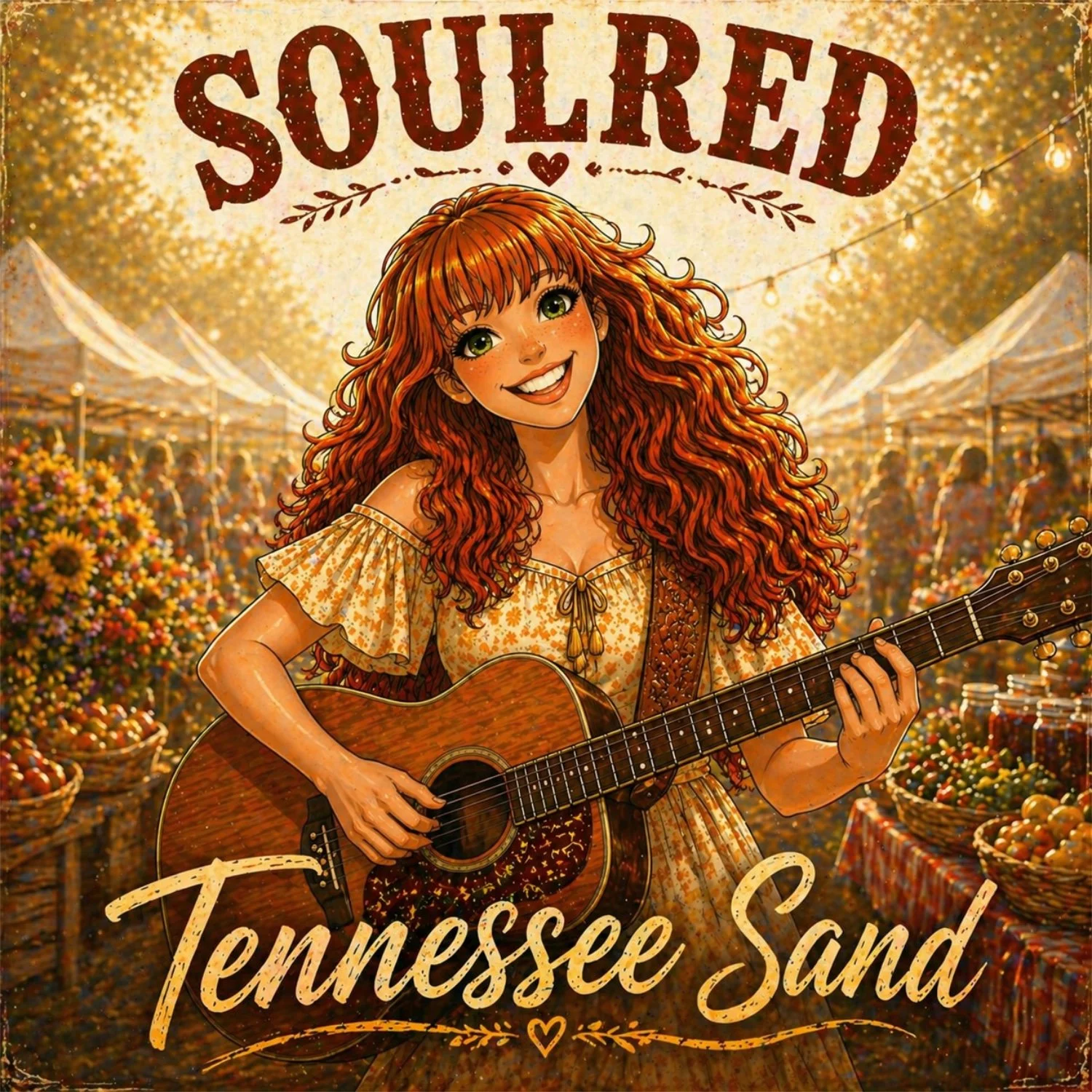 A young woman with curly red hair playing an acoustic guitar at a lively outdoor farmers market with tents and flowers, under string lights, with the text 'Souled Tennessee Sand' at the top.