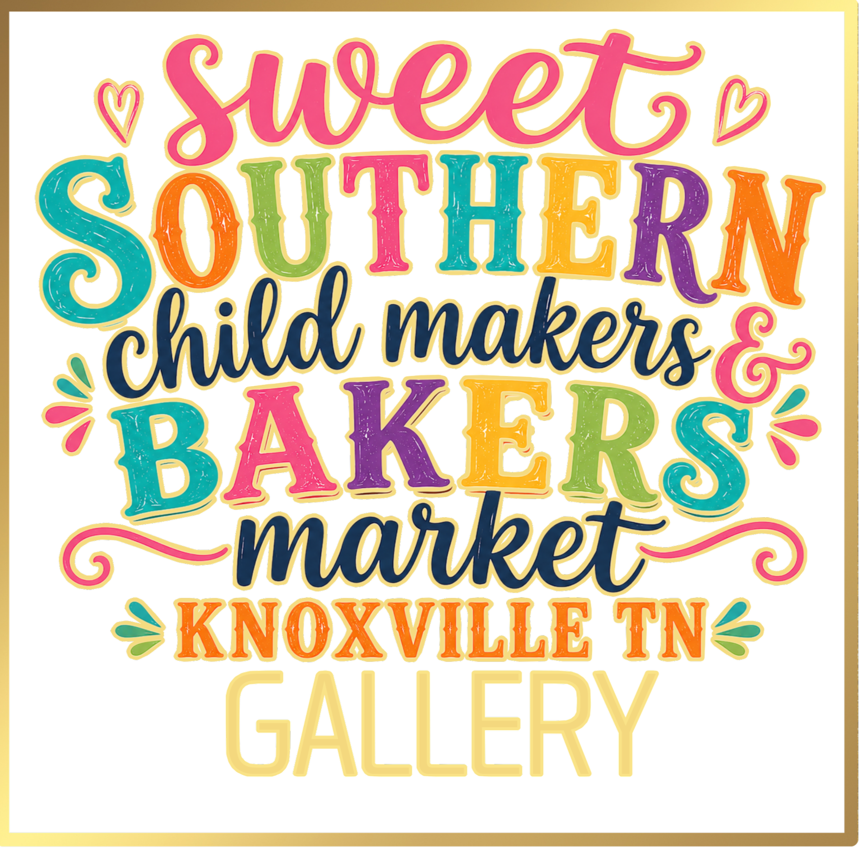 Colorful sign for art gallery at Nashville, Tennessee, with various bright colors and decorative elements.