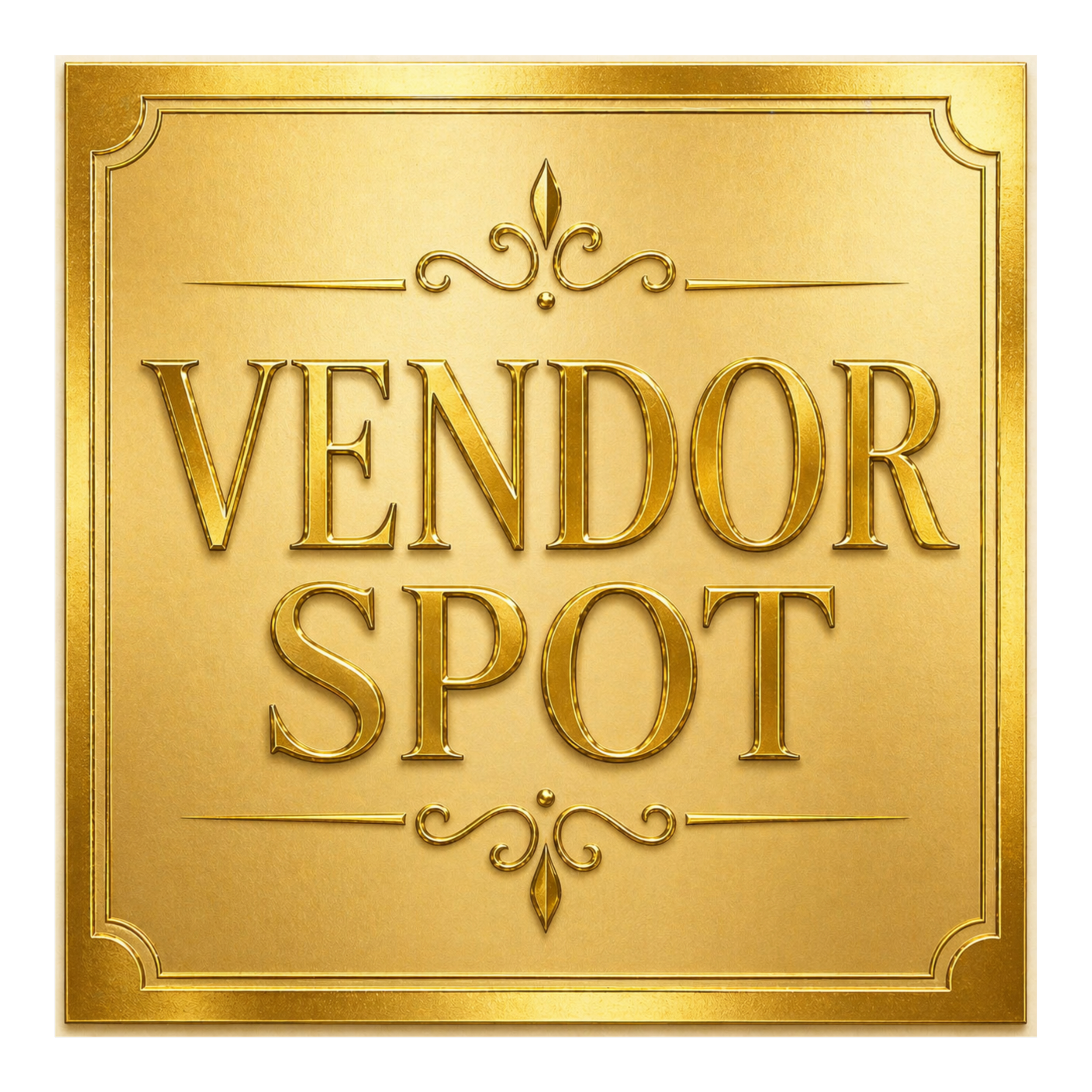 Close-up of a gold-colored plaque with ornate design elements, inscribed with the words 'VENDOR' and 'SPOT' in raised lettering.