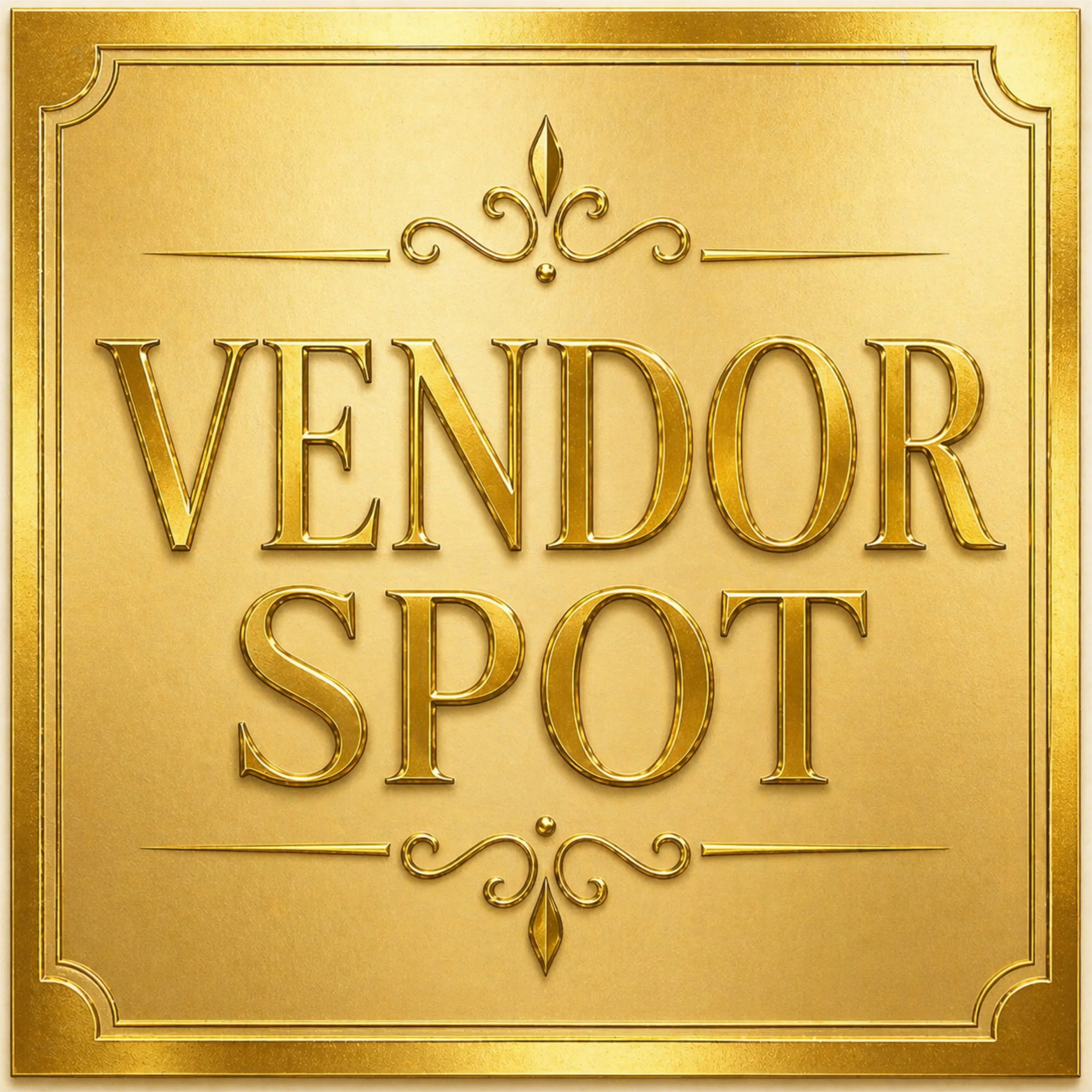 A gold-colored decorative plaque with ornate detailing and the partial text 'VENDOR' in large, gold, three-dimensional letters.
