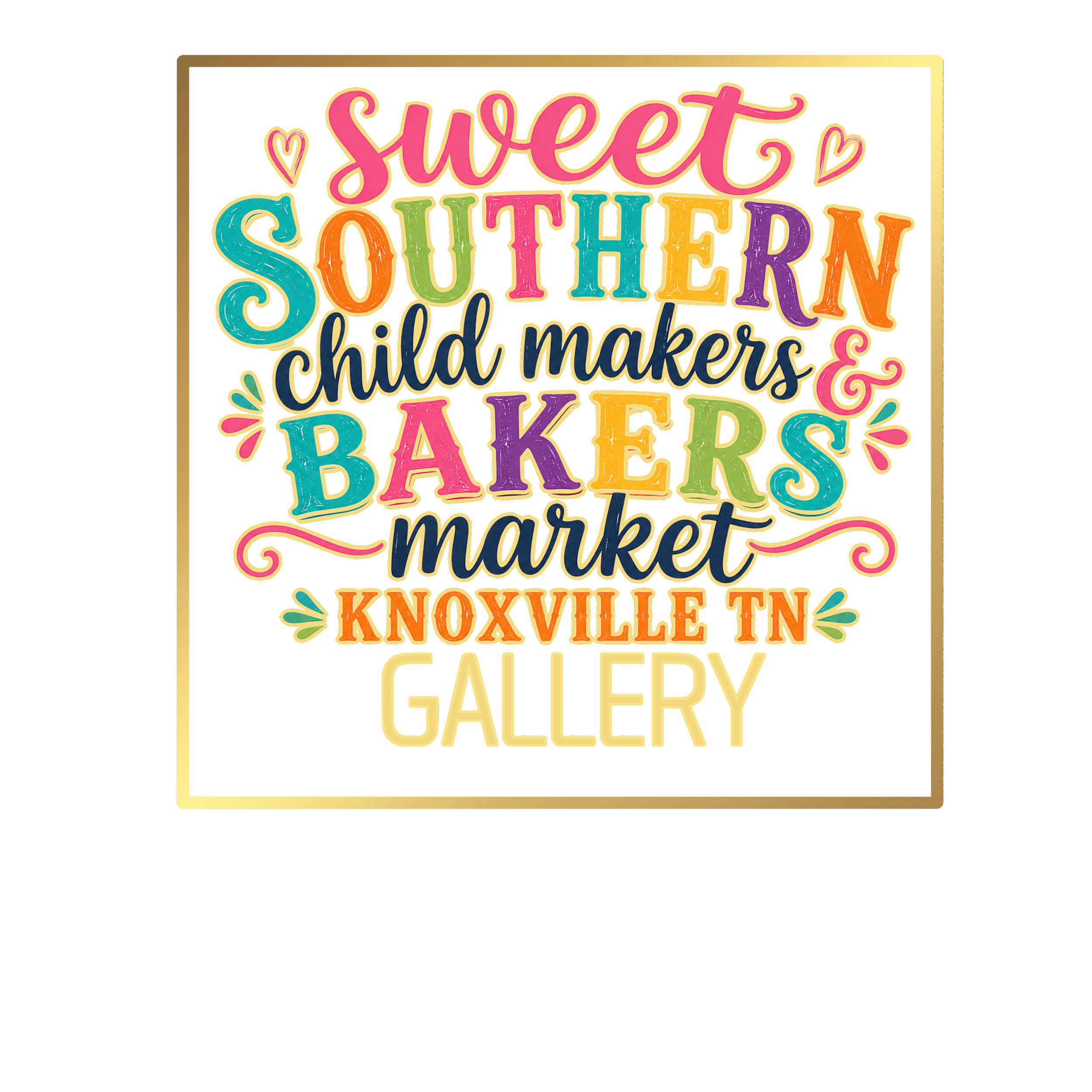 Neon sign with colorful, playful text reading "Sweet Southern Child Makers & Bakers Knoxville TN" on a black background.