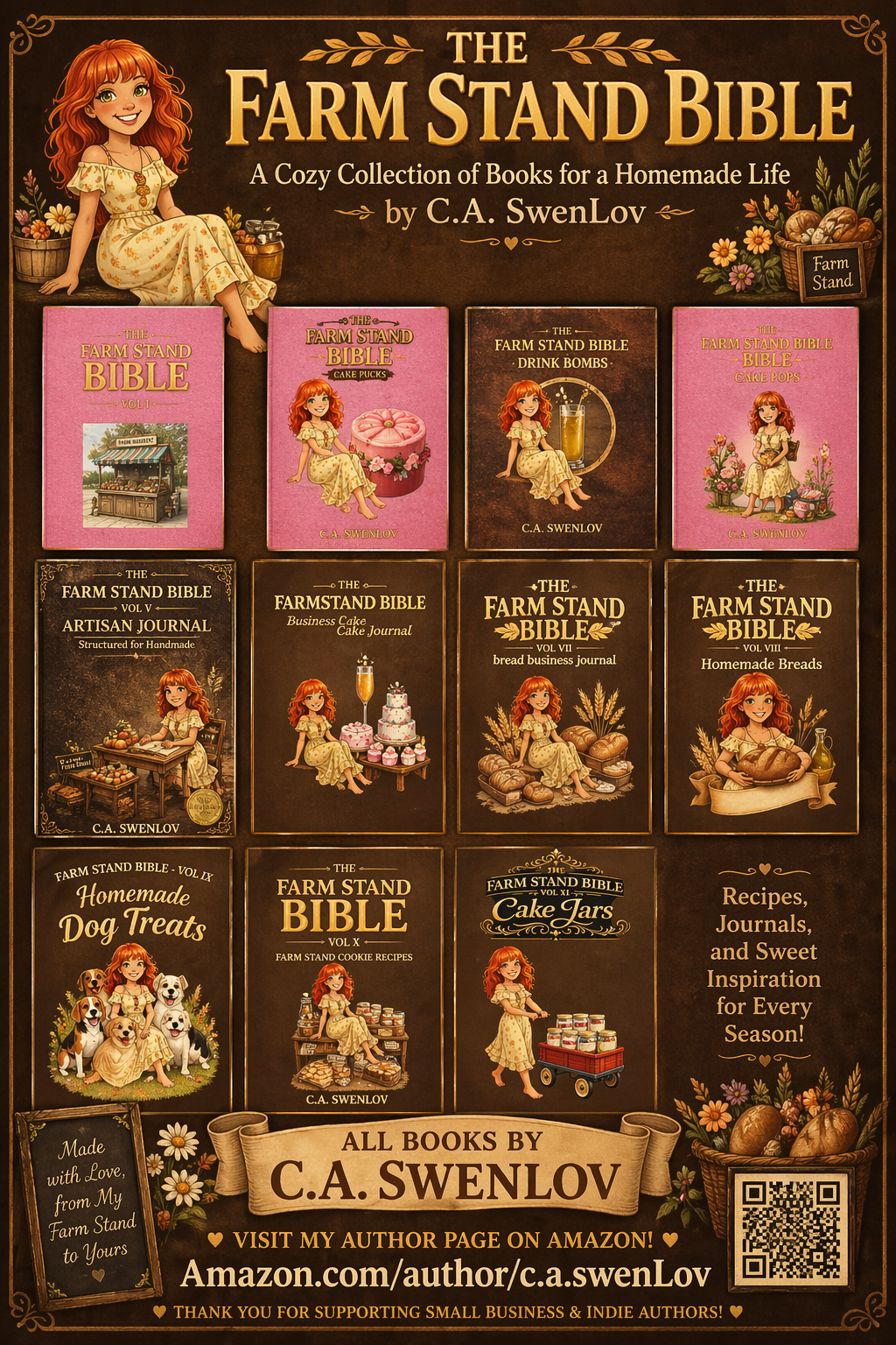 Display of multiple books titled 'The Farm Stand Bible' series, featuring illustrations of a red-haired girl in a yellow dress, with a decorative farm-themed background.