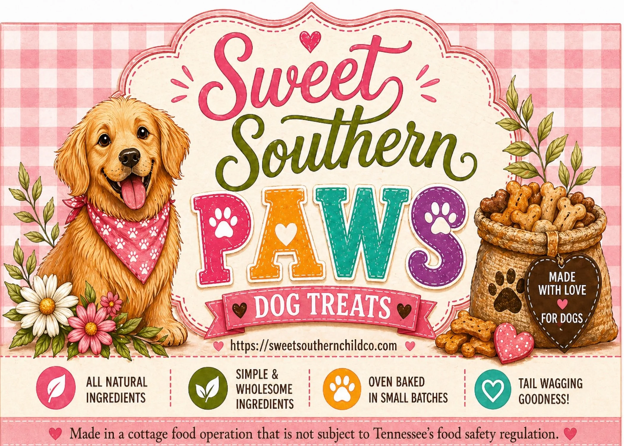 Packaging for Sweet Southern Paw dog treats featuring a golden retriever puppy with a pink bandana, surrounded by flowers and a basket of dog bone treats on a pink checkered background.