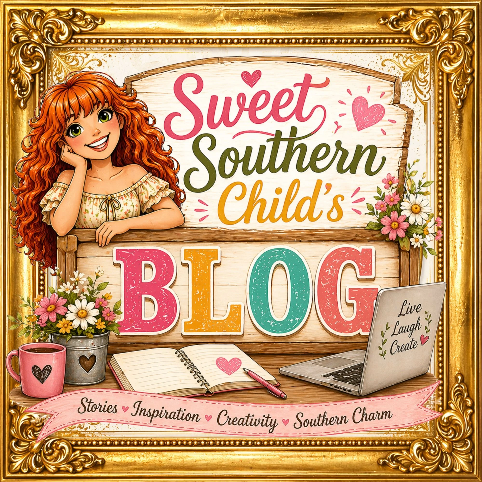 Decorative sign with a cartoon girl with curly red hair, smiling and resting her cheek on her hand. The sign reads 'Sweet Southern Child's' in large colorful letters, surrounded by flowers, a notebook, a pen, a pink mug, and a laptop, all on a wooden desk with a gold ornate frame.