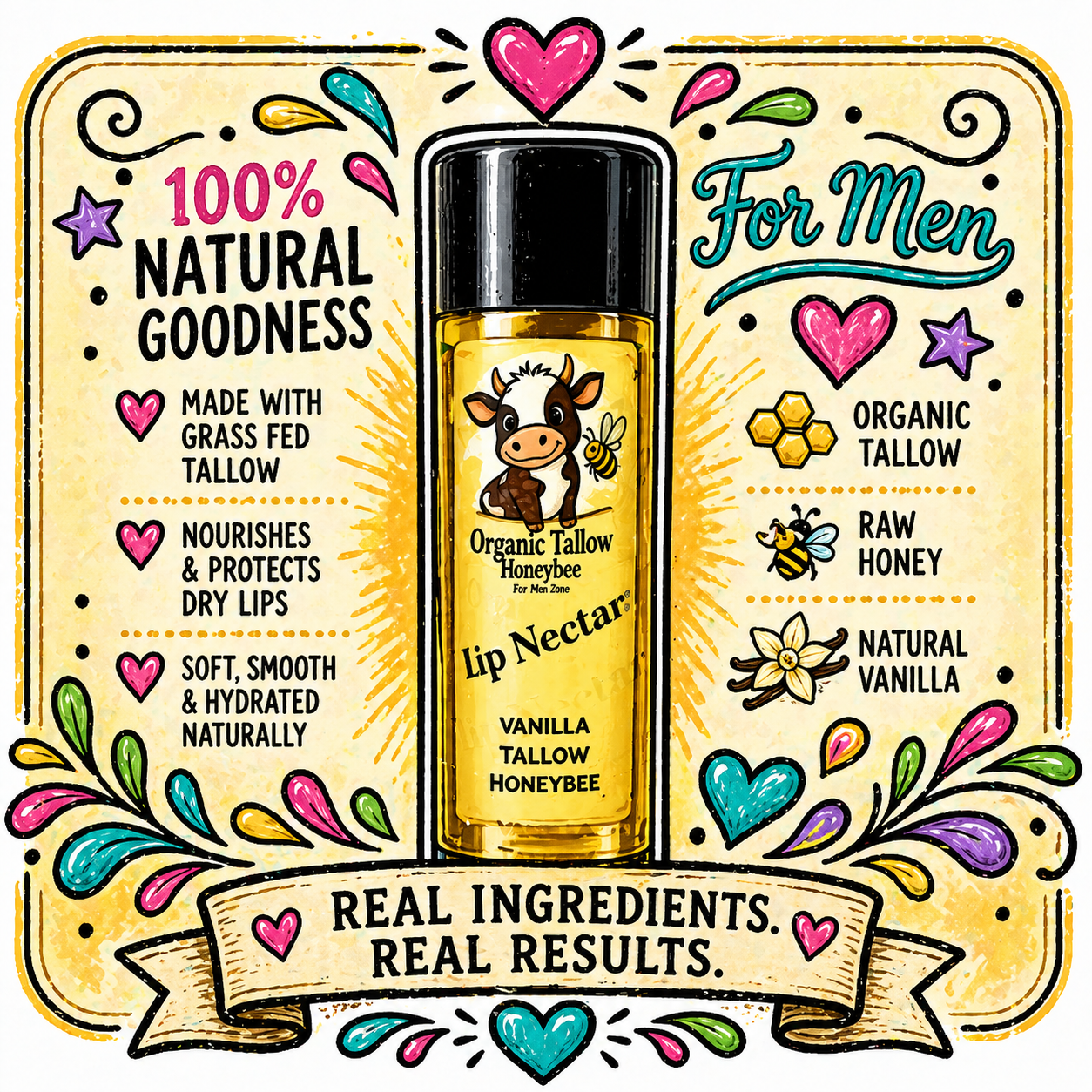 Colorful illustration of a honey chapstick for men featuring a cartoon cow and bee, with text highlighting that it is made from natural ingredients such as tallow, honey, and vanilla, emphasizing organic and natural qualities of the product.