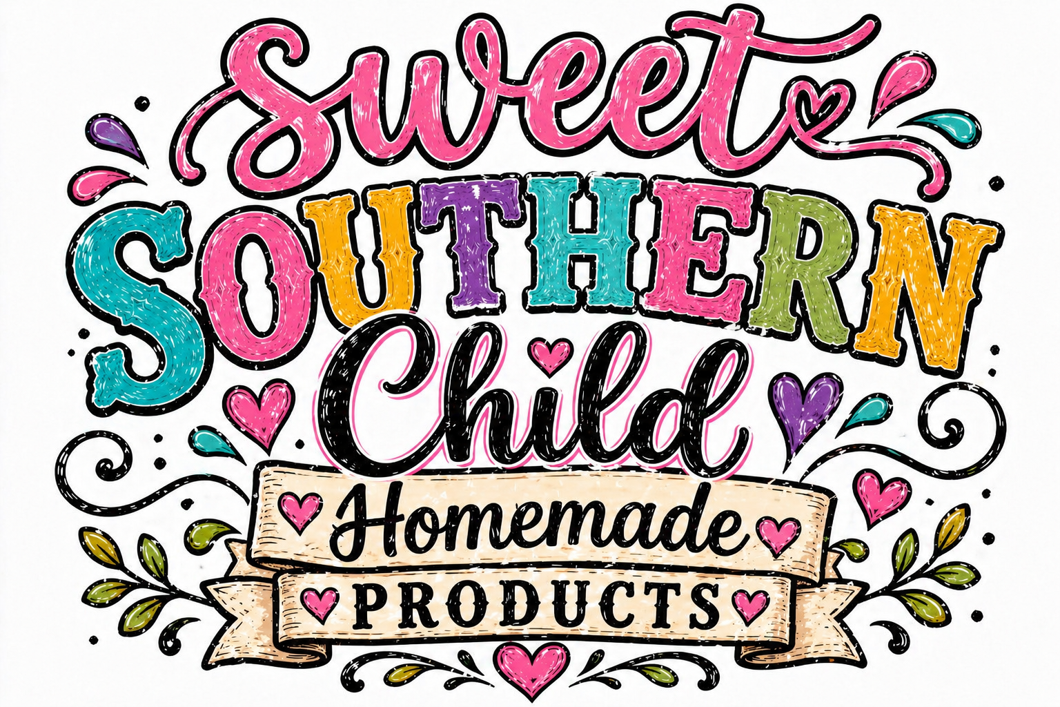 Colorful hand-drawn style graphic with the words "Sweet Southern Child" and "Homemade Products" surrounded by hearts and decorative swirls.