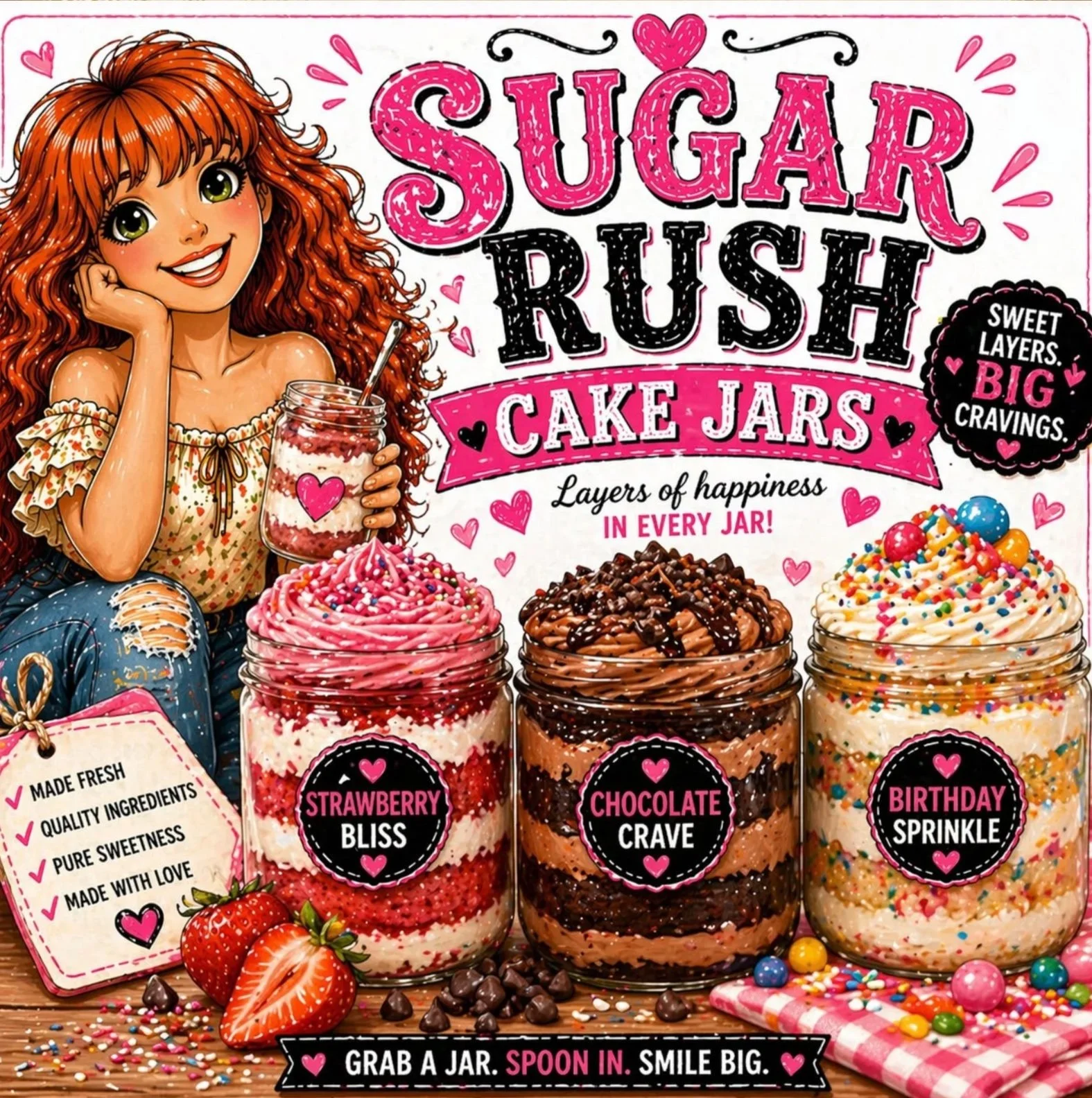 Colorful advertisement for cake jars with illustrations of a girl with curly red hair holding a jar of layered cake, surrounded by three jars labeled strawberry bliss, chocolate crave, and birthday sprinkle, all decorated with sprinkles and hearts.