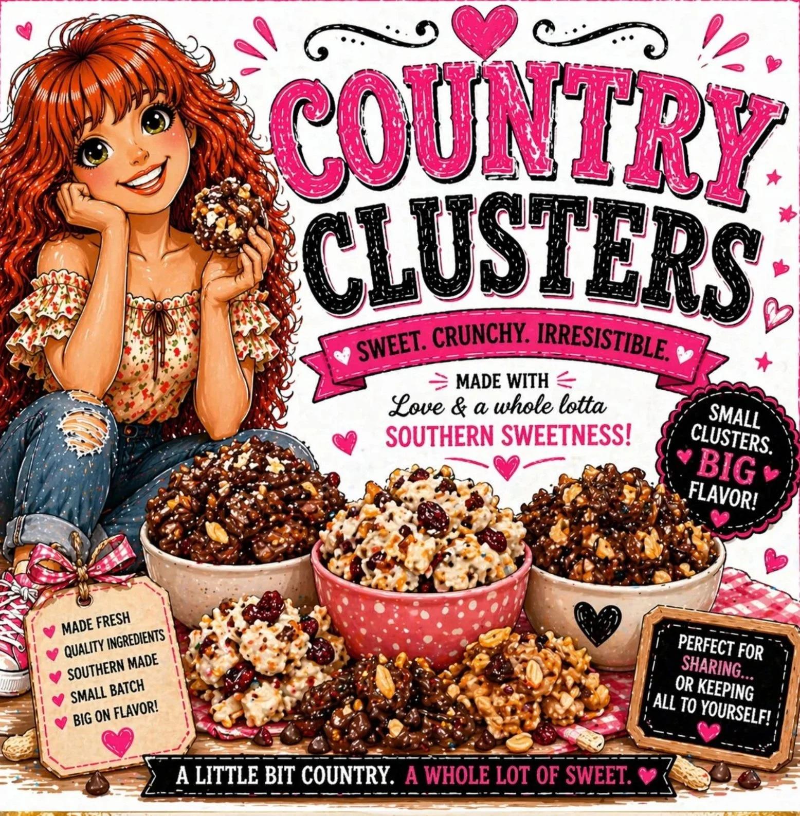 Colorful advertisement for country-style chocolate clusters, featuring a smiling girl with long red hair holding a cluster. Several bowls of chocolate clusters are in the foreground. The design is decorated with pink hearts, stars, and playful fonts, emphasizing that the treats are sweet, crunchy, irresistible, and made with love and southern sweetness.