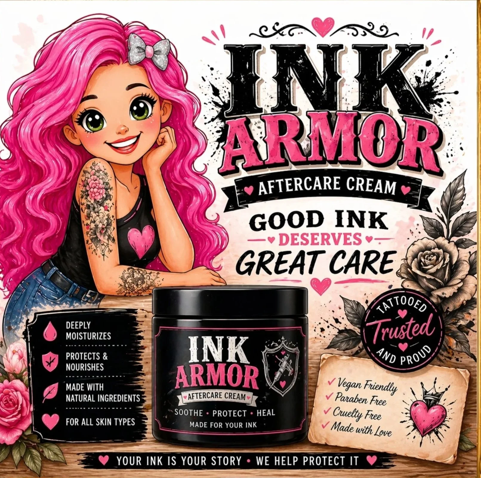 Colorful product advertisement featuring a cartoon girl with pink hair, tattoos, and a bow, promoting Ink Armor aftercare cream with claims of moisturizing, protection, natural ingredients, vegan-friendly, cruelty-free, paraben-free, and that the product is trusted and made with love.
