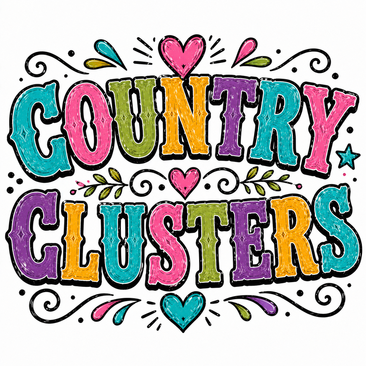 Colorful text reading "County Clusters" with hearts, stars, leaves, and decorative swirls around it.
