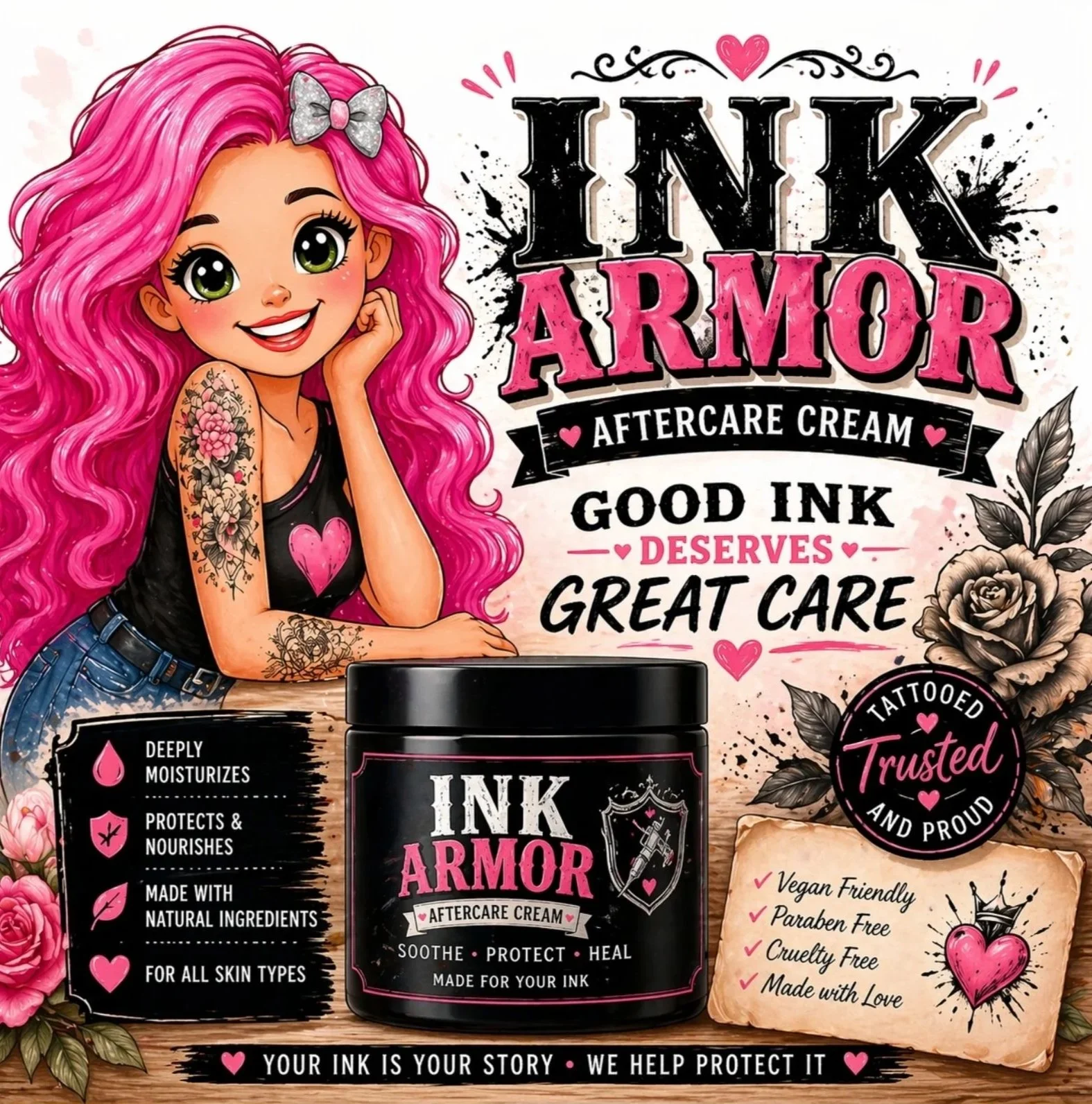 Pink-haired cartoon girl with tattoos on her arm, smiling and resting chin on hand, beside a jar of Ink Armor aftercare cream, with decorative flowers and text promoting the product's benefits and qualities.