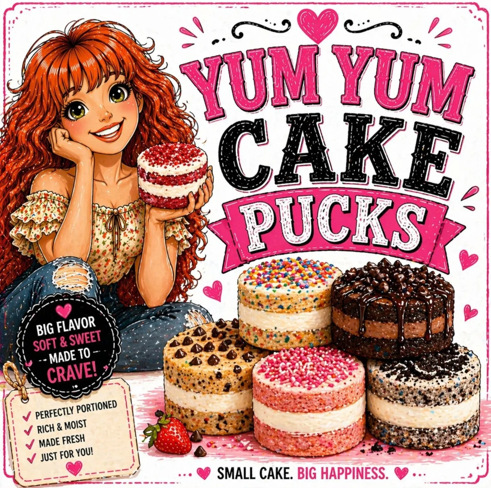 Colorful collage of various small cakes topped with sprinkles, chocolate chips, and frosting, with a cartoon girl holding a cake. Text includes 'Yum Yum Cake Pucks', 'Big Flavor Soft & Sweet Made to Crave!', and promoting the cakes' texture and flavor.