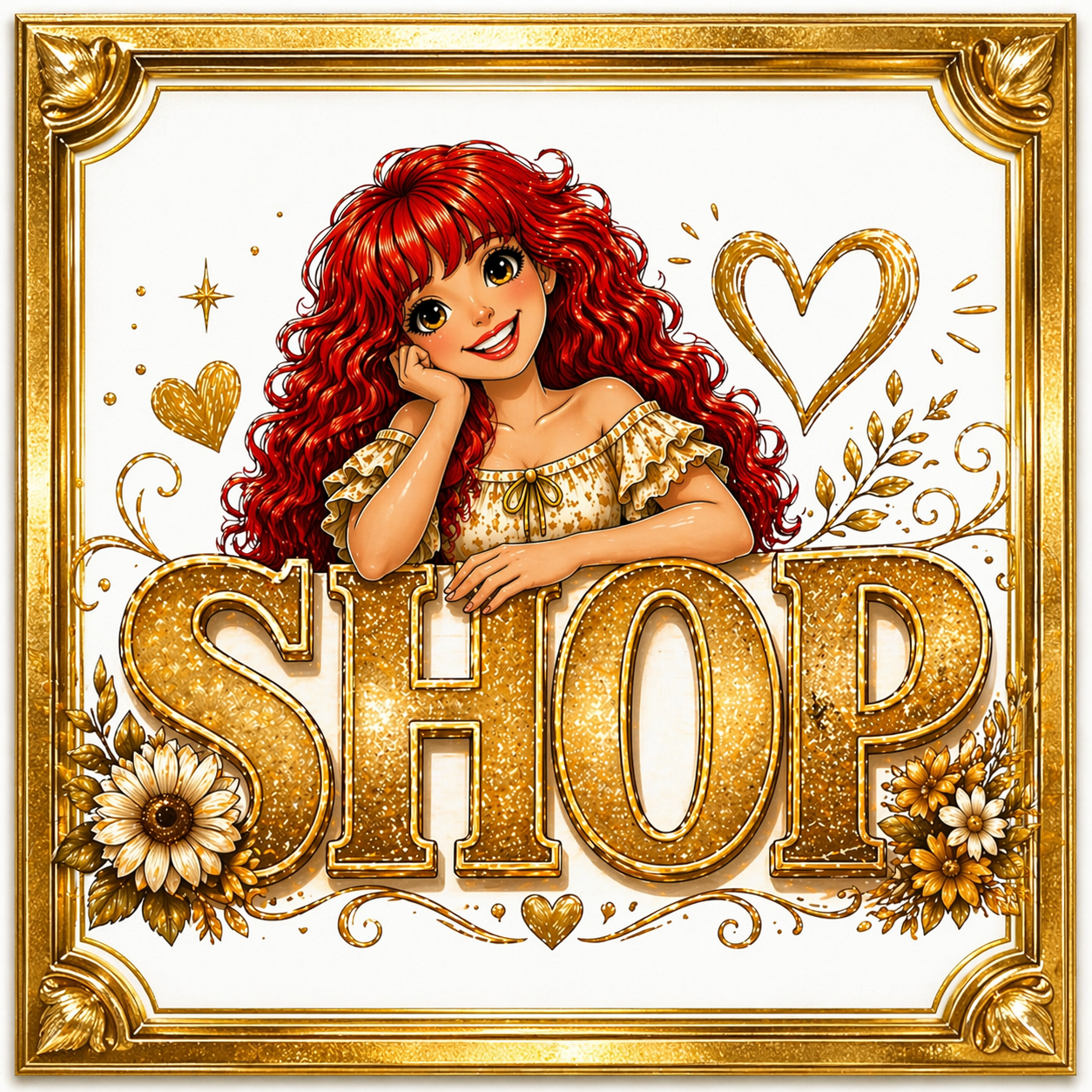A colorful illustration with a red-haired girl leaning on the word "SHOP" in gold letters, surrounded by hearts and floral decorations, all framed in an ornate gold border.