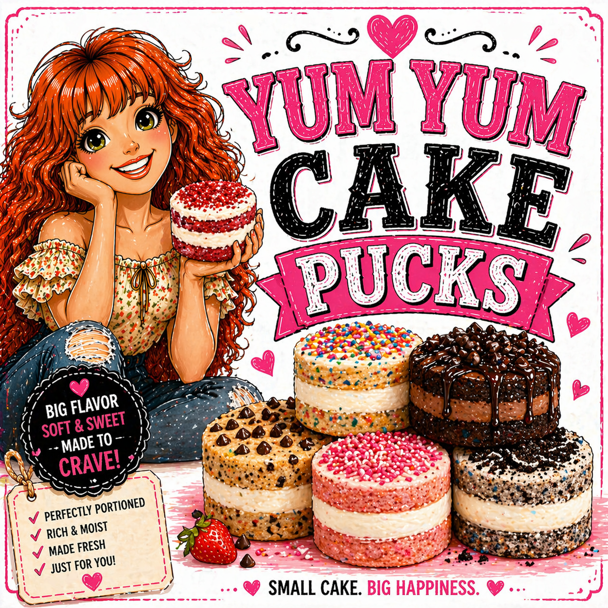 A cartoon girl with curly red hair holding a slice of cake, surrounded by various decorated cakes with sprinkles, chocolate, and pink icing. The background features colorful text that reads "Yum Yum Cake Pucks" with pink hearts and decorative accents.