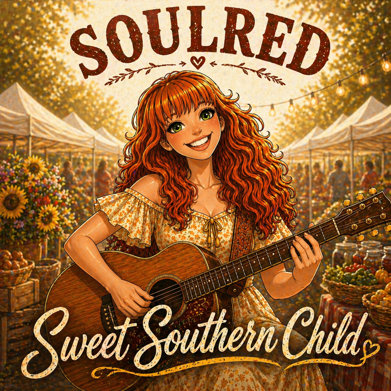 Illustration of a red-haired girl with green eyes playing an acoustic guitar at a sunny outdoor market with tents and flowers, captioned 'Soulred' and 'Sweet Southern Child'.