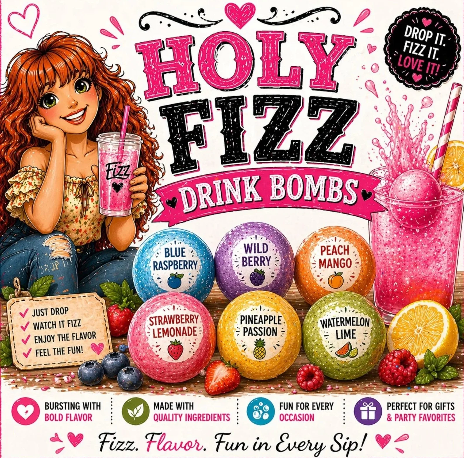 Colorful advertisement for fizzy drink bombs with various fruit flavors such as blueberry raspberry, wild berry, peach mango, strawberry lemonade, pineapple passion, and watermelon lime, featuring a cartoon girl with red hair holding a pink drink with a straw. The text emphasizes fun, flavor, and quality ingredients.