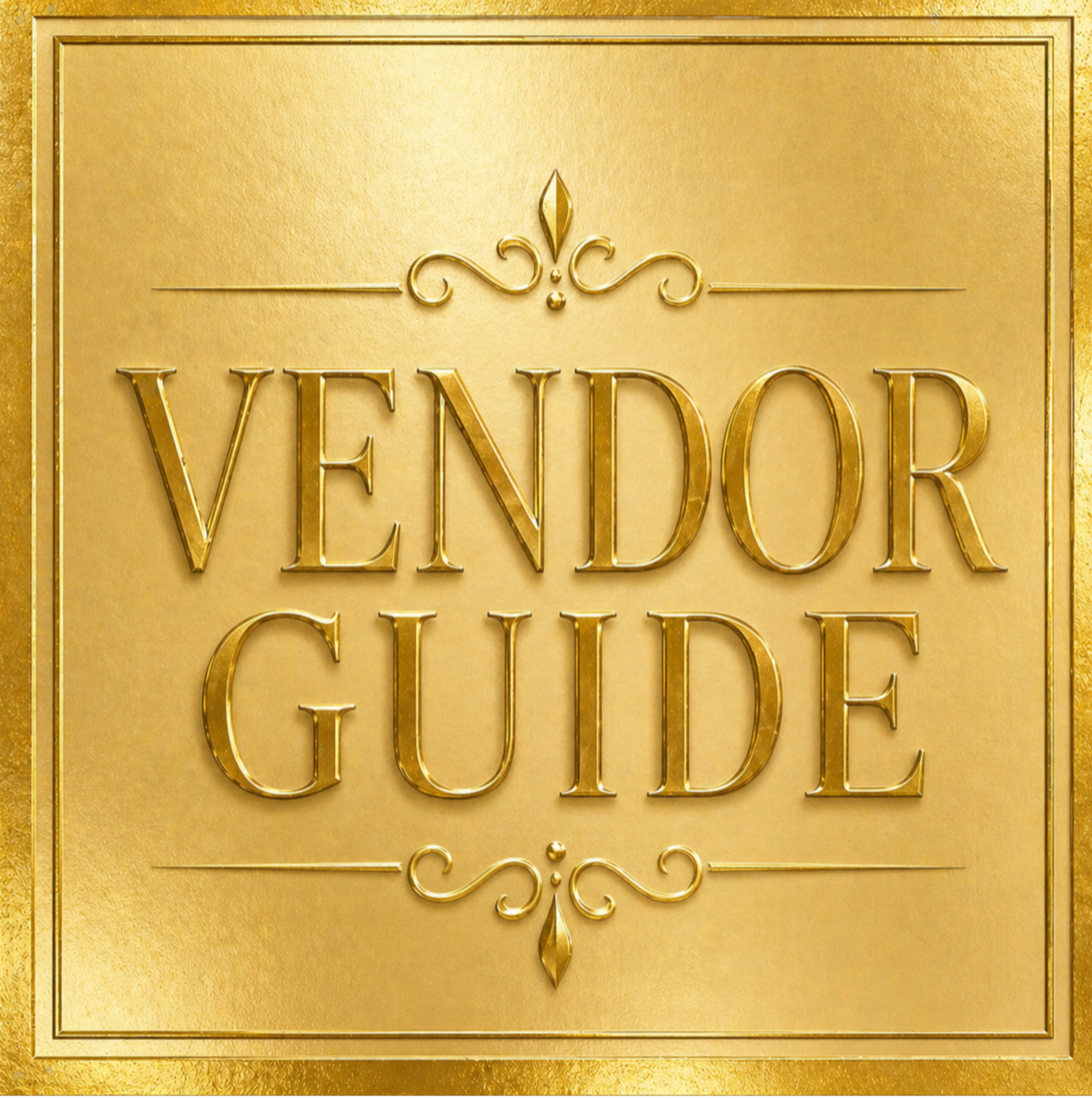 Gold-colored cover of a vendor guide with embossed text reading 'VENDOR GUIDE' and decorative elements at the top and bottom.